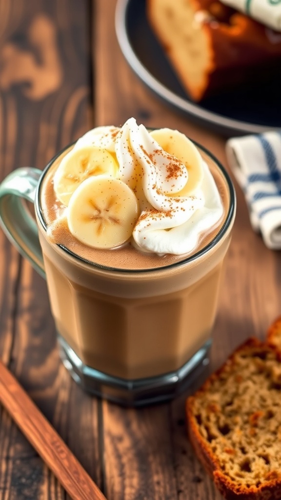 Dutch Bros Inspired Banana Bread Coffee Recipe A cup of banana bread coffee topped with whipped cream and banana slices, next to a slice of banana bread on a wooden table.